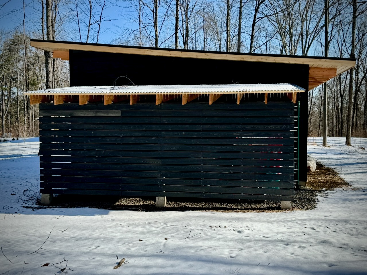 Studio side elevation — board and batten siding with snow on roof